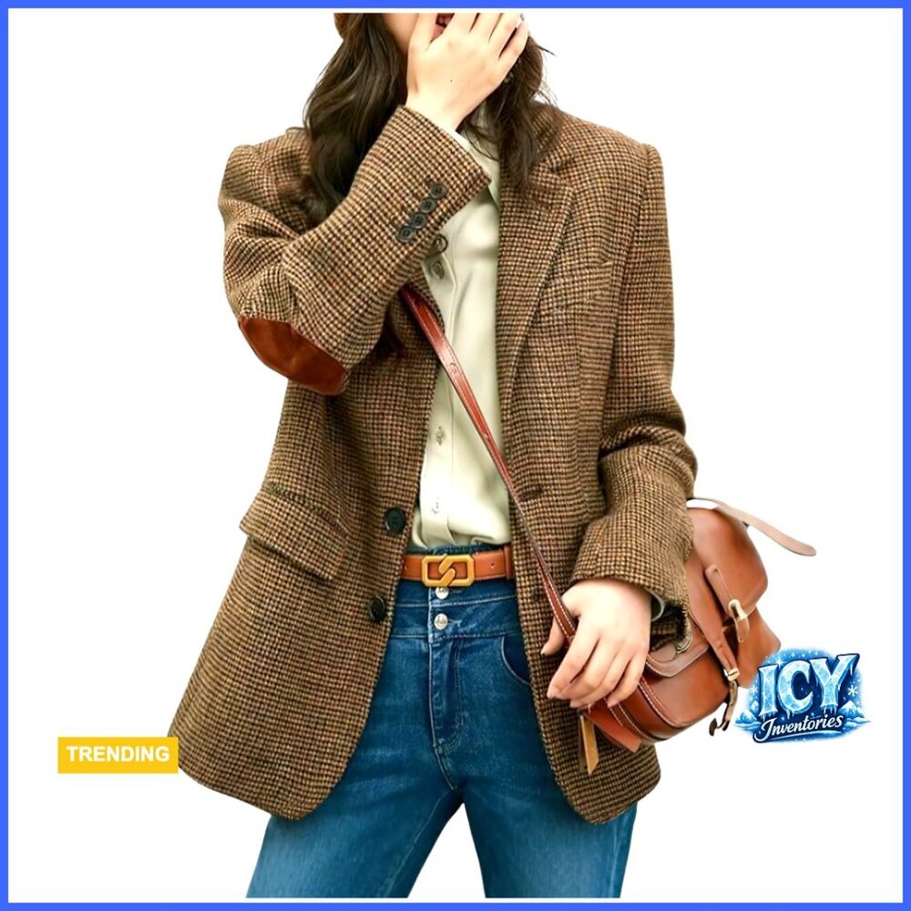 Wool Blend Blazer Jacket Single Breasted Plaid Business Casual Coat